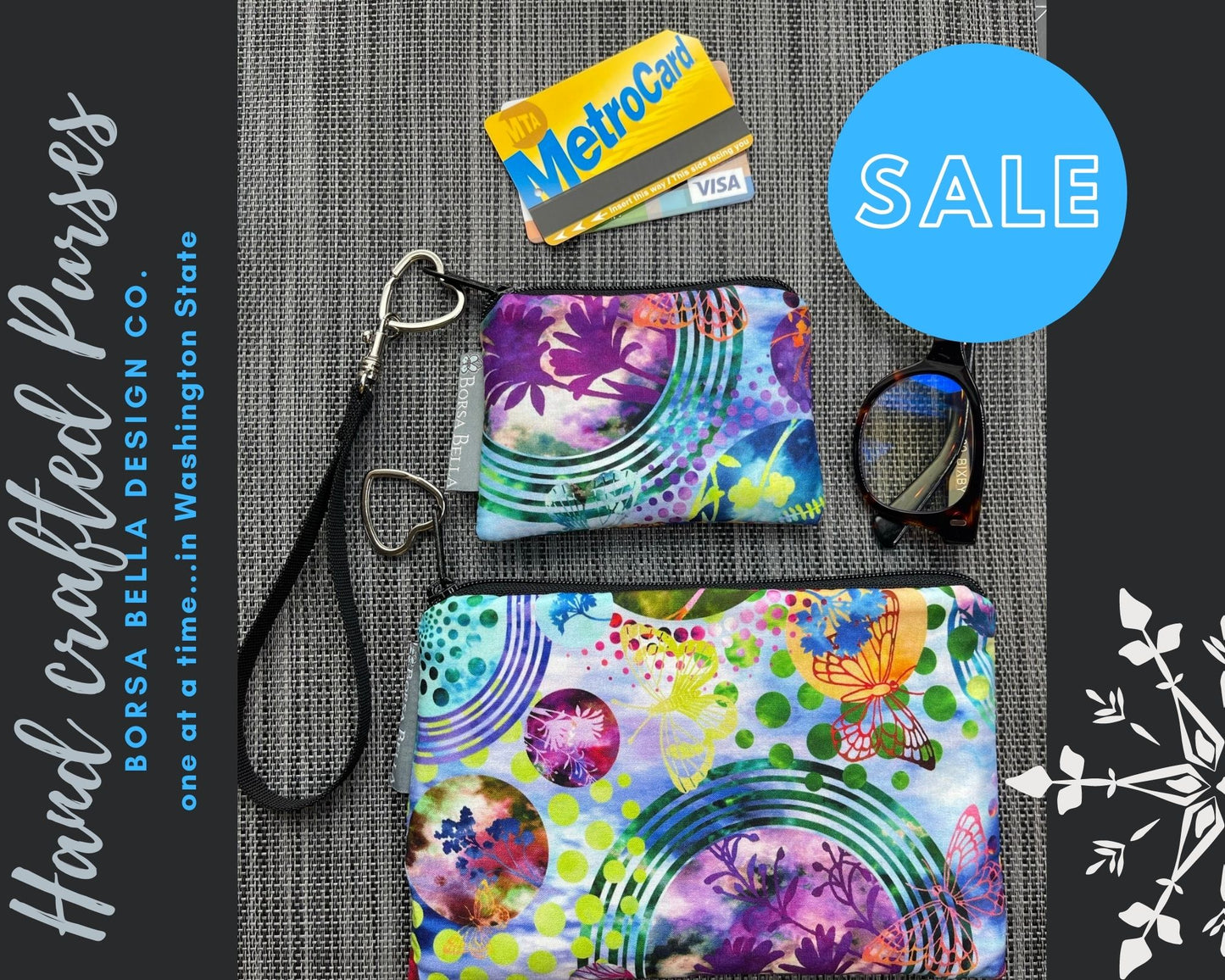 Pixy Roo Card or Coin Holder Catch All Zippered Pouch A1 - Black and White Daisy Fabric