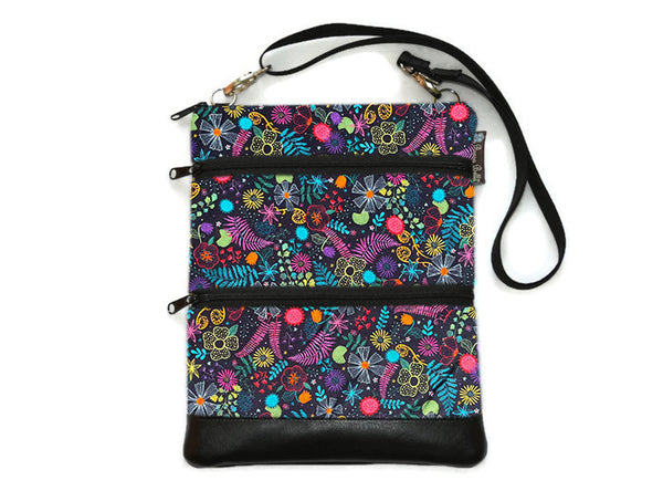 MEDIUM Travel Bags Crossbody Purse - A1 Cross Body - Faux Leather - Tablet Purse - Bright Prints on Black Background Fabric