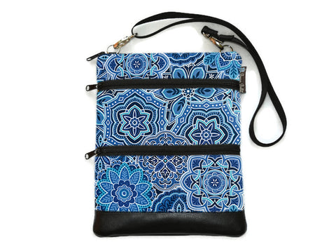 SMALL SIZE Travel Bags Crossbody Purse - A1 Cross Body - Faux Leather - Tablet Purse - Blue and White Fabric