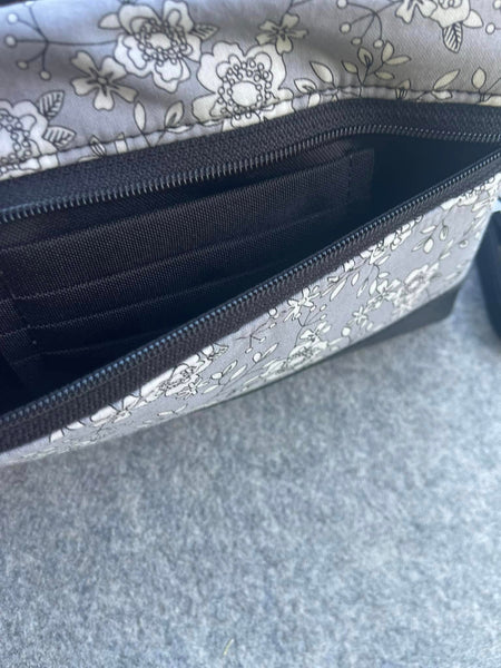 Deluxe Long Zip Phone Bag - Converts to Cross Body Purse - Gray and White Flowers