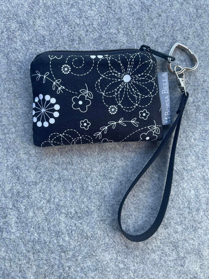 Pixy Roo Card or Coin Holder Catch All Zippered Pouch A1 - Black and White Daisy Fabric