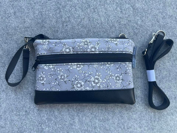 Deluxe Long Zip Phone Bag - Converts to Cross Body Purse - Gray and White Flowers