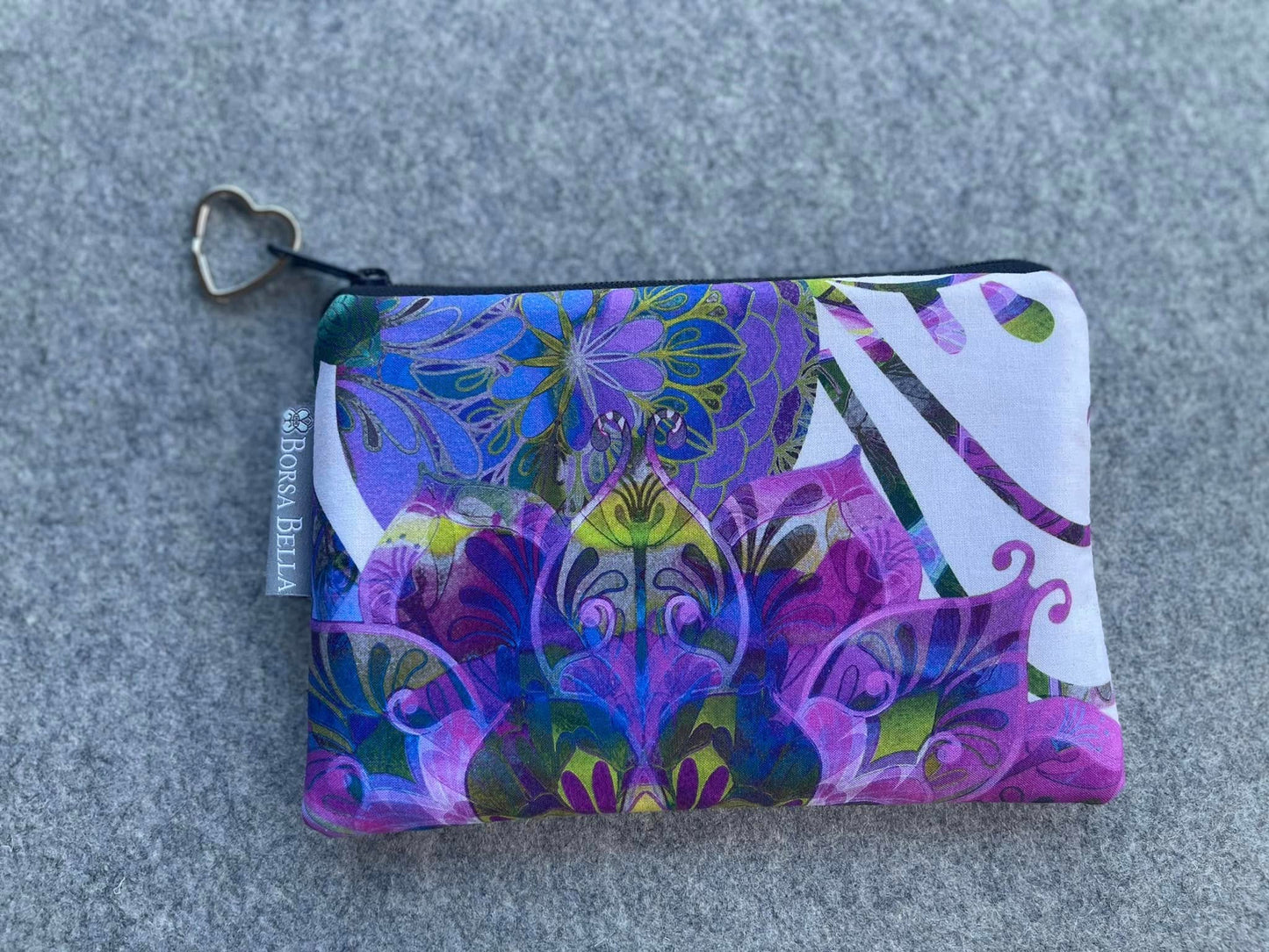 Large Catch All Zippered Pouch - White Background And Purple Flowers Fabric