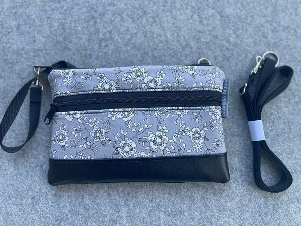 Deluxe Long Zip Phone Bag - Converts to Cross Body Purse - Gray and White Flowers