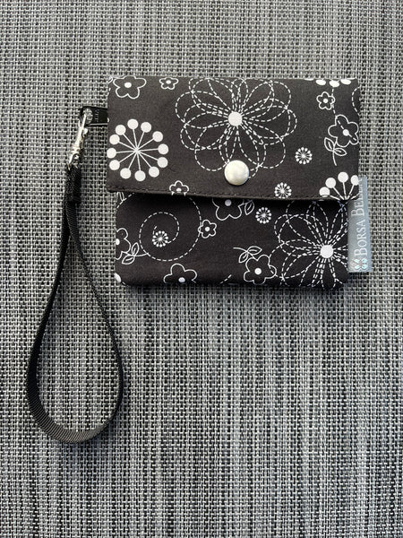 Small Slim Wallet - Light Weight - Added RFID Fabric -  Black and White Floral Fabric