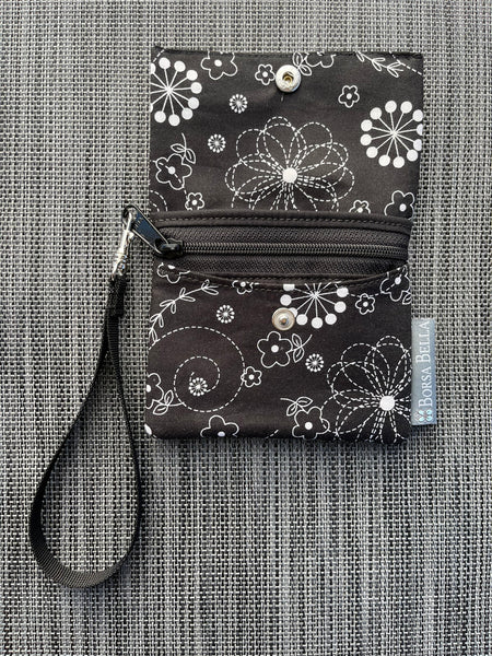 Small Slim Wallet - Light Weight - Added RFID Fabric -  Black and White Floral Fabric