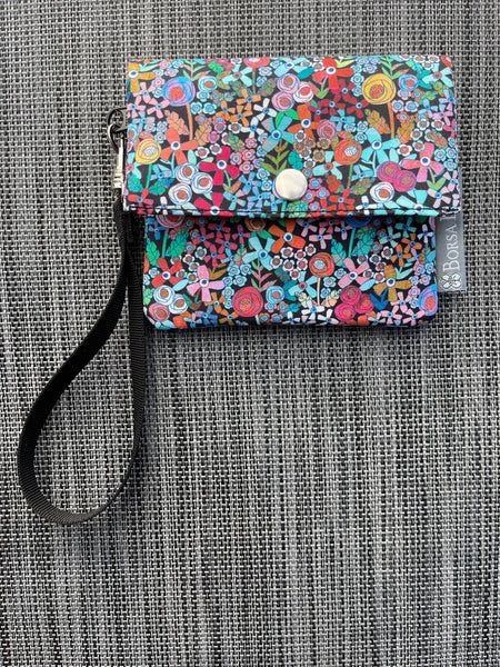 Small Slim Wallet - Light Weight - Added RFID Fabric -  Mini Wild Flower Blue Fabric