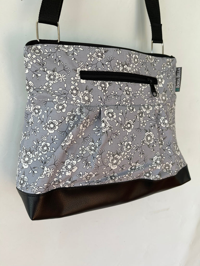 Hobo Purse Cross Body - Shoulder Bag with Faux Leather - Gray Rose Fabric