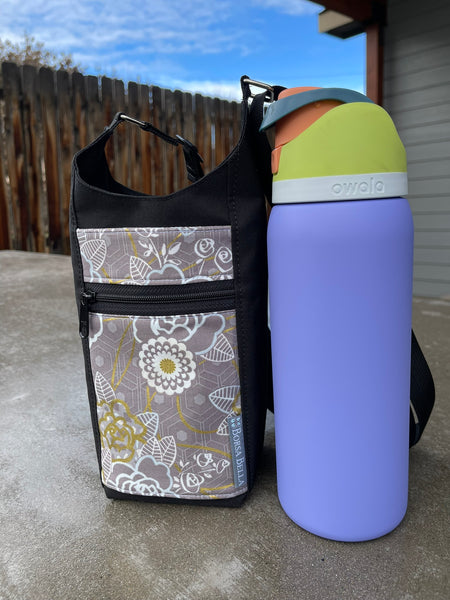 Water Bottle Crossbody Bag - Day Drinker - Metallic Dawn Fabric Pocket