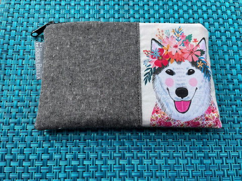 Limited Edition Catch All Zippered Pouch - White Dog with Cream Background