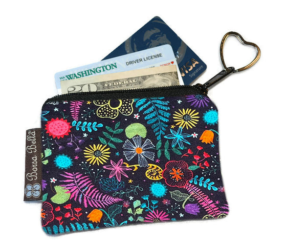 Pixy Roo Card or Coin Holder Catch All Zippered Pouch A1 - Bright Floral Black Background Fabric