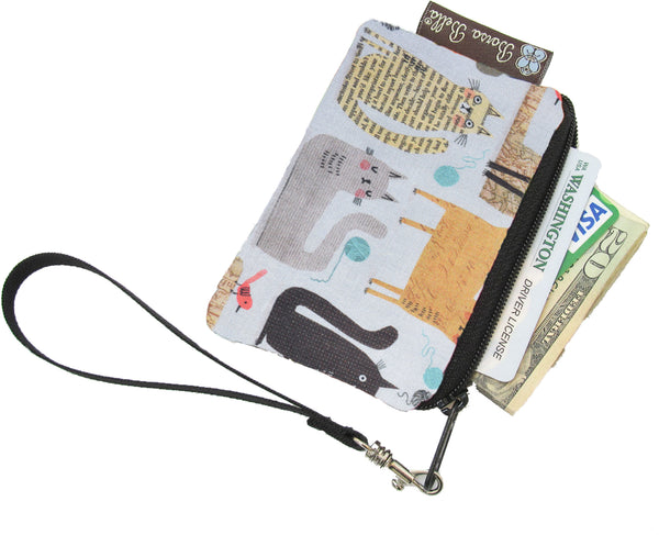 Pixy Roo Card or Coin Holder Catch All Zippered Pouch A1 - Gray Background Cat Fabric