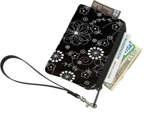 Pixy Roo Card or Coin Holder Catch All Zippered Pouch A1 - Black and White Daisy Fabric