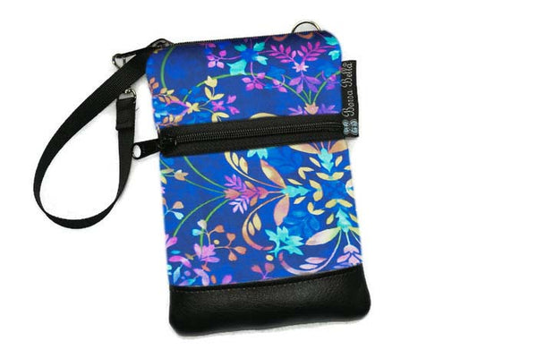 Short Zip Phone Bag - Wristlet Converts to Cross Body Purse - Blue Violet Fabric