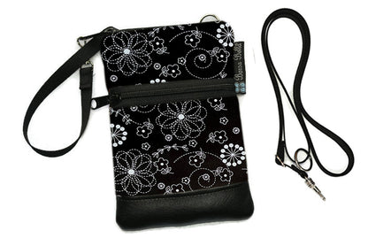 Short Zip Phone Bag - Wristlet Converts to Cross Body Purse - Black and White