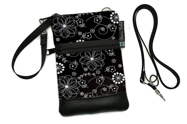 Short Zip Phone Bag - Wristlet Converts to Cross Body Purse - Black and White