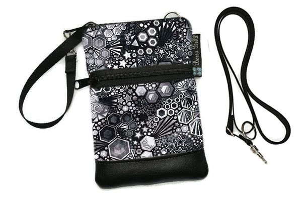 Short Zip Phone Bag - Wristlet Converts to Cross Body Purse - Black and White Geometric