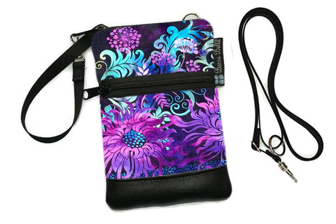 Short Zip Phone Bag - Wristlet Converts to Cross Body Purse - Purple FLoral Fabric