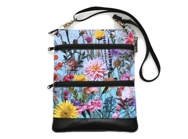 Travel Bags Crossbody Purse - Cross Body - Faux Leather - Tablet Purse - Wild Flowers Fabric