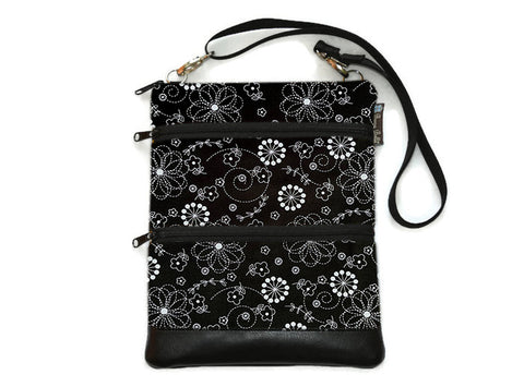 Travel Bags Crossbody Purse - Cross Body - Faux Leather - Tablet Purse - Black and White Daisy Doodles Fabric