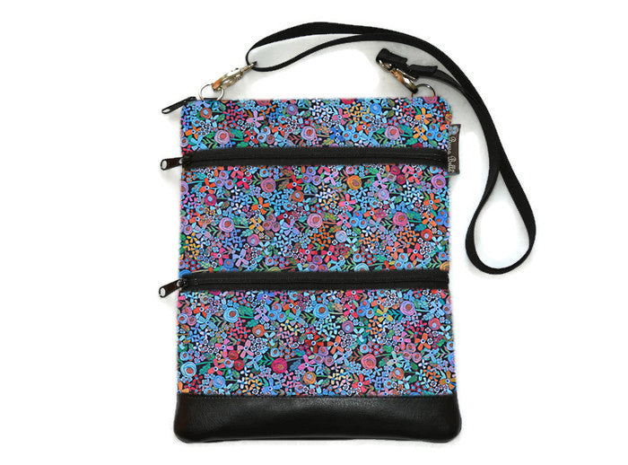Travel Bags Crossbody Purse - Cross Body - Faux Leather - Tablet Purse - Mini Wild Flowers Fabric