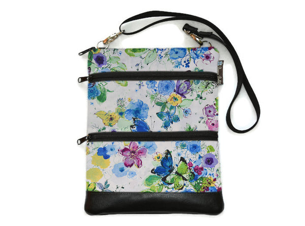 Travel Bags Crossbody Purse - Cross Body - Faux Leather - Tablet Purse - Butterfly Bliss Fabric