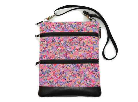 Travel Bags Crossbody Purse - Cross Body - Faux Leather - Tablet Purse - Field of Blooms Fabric