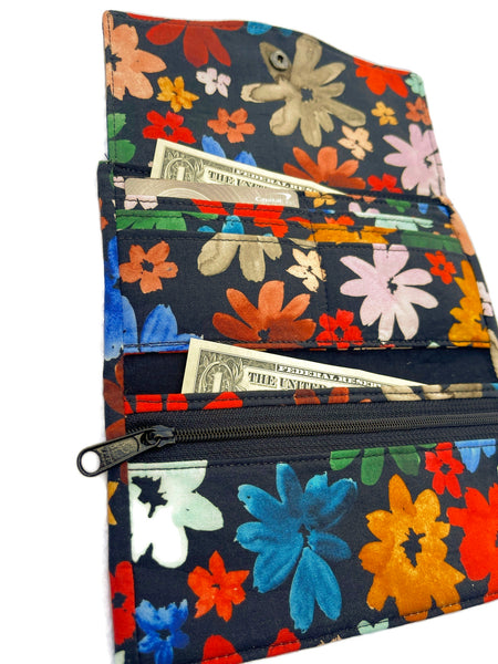 Wallet - Slim Large Wallet - Light Weight - Wild Daisy Flowers Fabric
