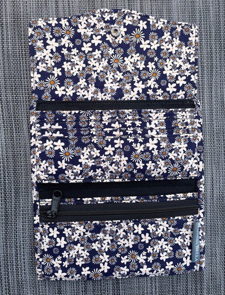 Wallet - Slim Large Wallet - Light Weight - Navy Daisy Fabric