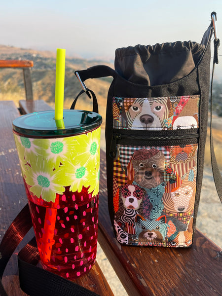 Water Bottle Crossbody Bag - Day Drinker - Colorful Puppy Party Pocket