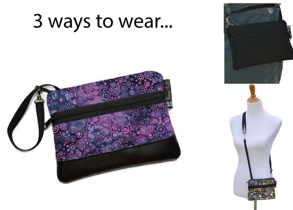 Long Zip Phone Bag - Faux Leather Accent - Cross Body Option -  Plum Perfect Batik Fabric
