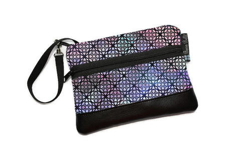 Deluxe Long Zip Phone Bag - Faux Leather Accent - Cross Body Option - New Purple Gray Fabric