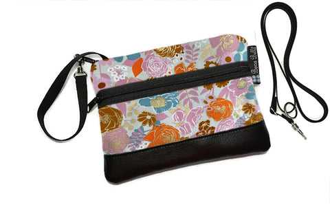 Deluxe Long Zip Phone Bag - Converts to Cross Body Purse - Darling Gold Roses Fabric