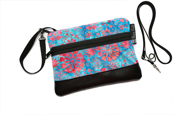 Deluxe Long Zip Phone Bag - Converts to Cross Body Purse - Blue Sky Batik Fabric