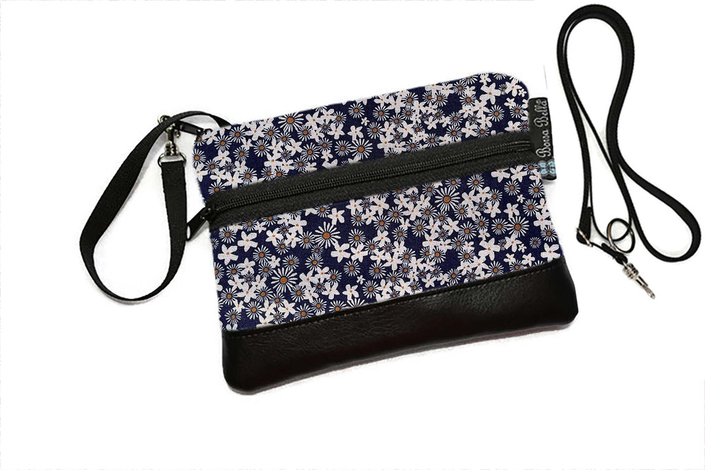 Deluxe Long Zip Phone Bag - Converts to Cross Body Purse - Navy Daisy Chain Fabric