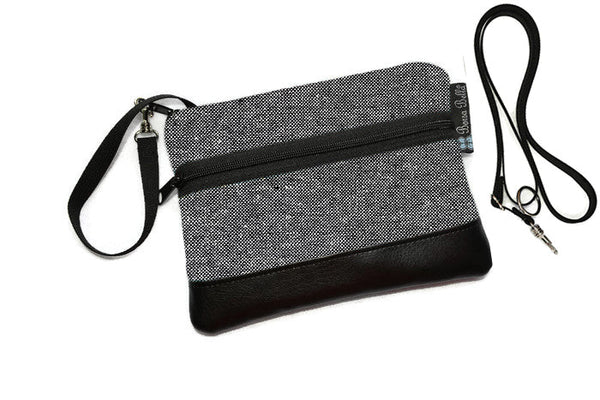 Copy of Deluxe Long Zip Phone Bag - Converts to Cross Body Purse - Black and White Daisy Doodles Fabric