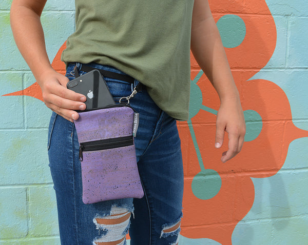 Short Zip Phone Bag - Wristlet Converts to Cross Body Purse - Bright Blue Crosshatch Fabric