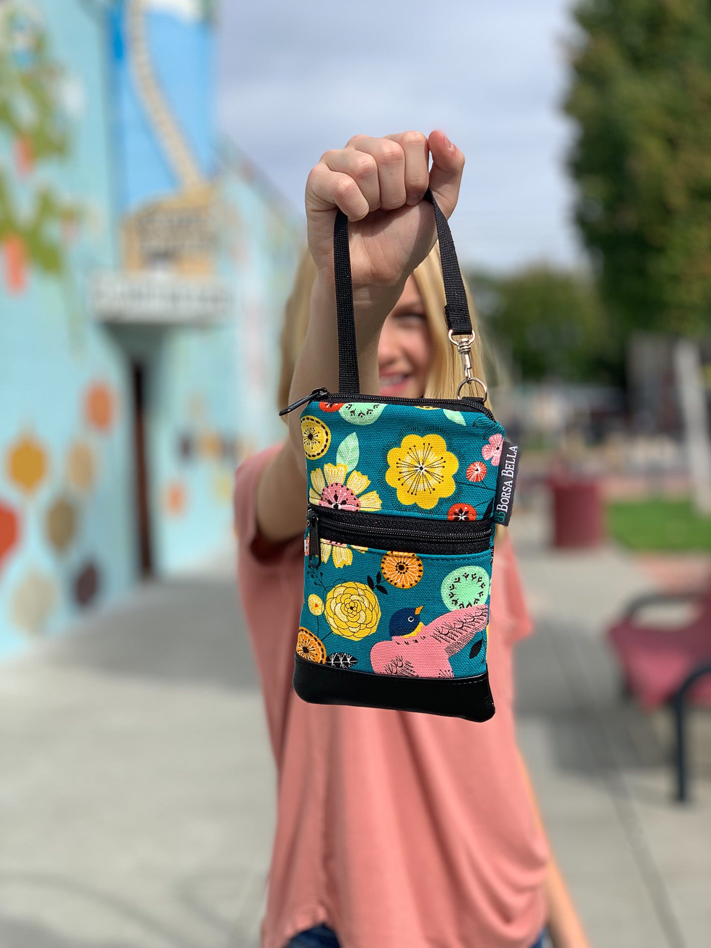 Short Zip Phone Bag - Wristlet Converts to Cross Body Purse - Purple Medallion