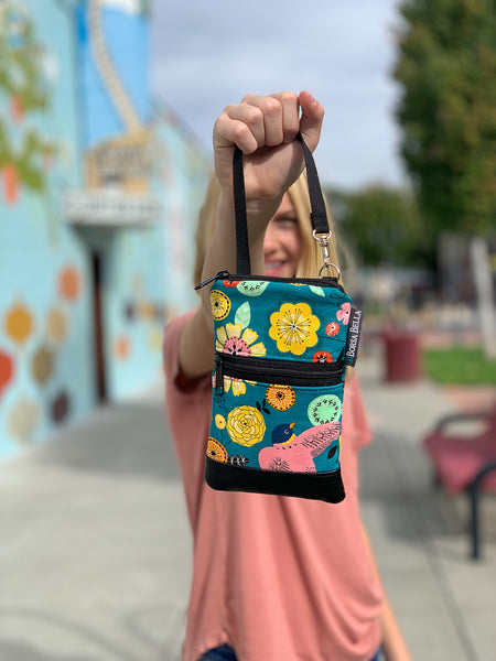 Short Zip Phone Bag - Wristlet Converts to Cross Body Purse - Purple Medallion