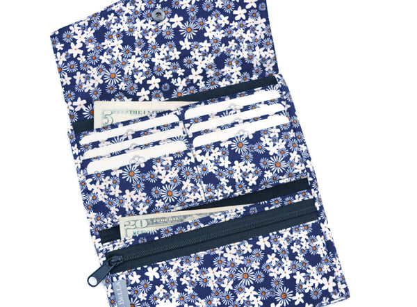 Wallet - Slim Large Wallet - Light Weight - Navy Daisy Fabric