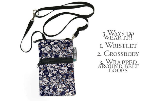 Short Zip Phone Bag - Wristlet Converts to Cross Body Purse - Navy Daisy Chain Fabric