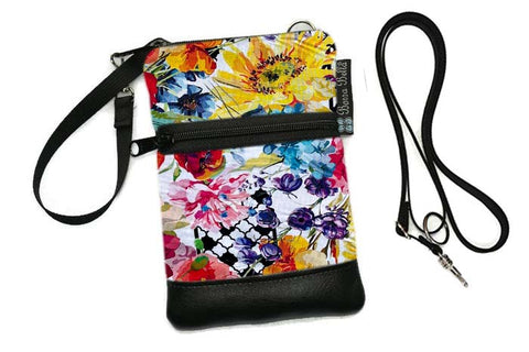 Short Zip Phone Bag - Wristlet Converts to Cross Body Purse - Humming Bird Lane Fabric