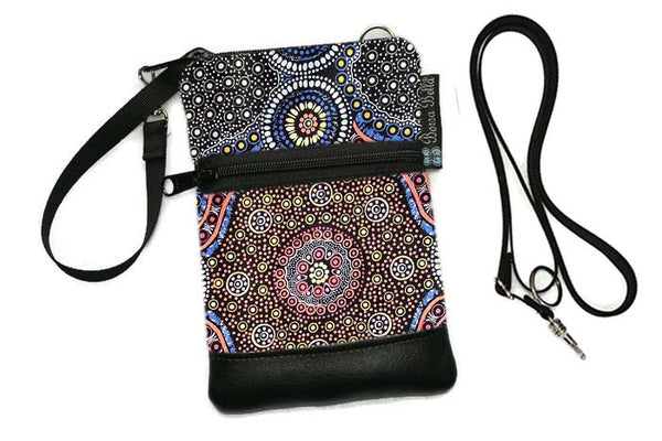 Short Zip Phone Bag - Wristlet Converts to Cross Body Purse - Black Wild Bush Flowers Fabric