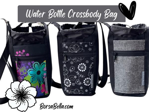 Water Bottle Crossbody Bag - Day Drinker - Black and White Canvas Linen Pocket