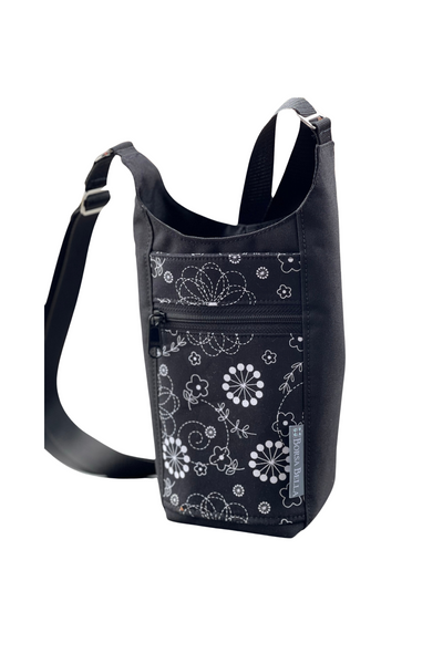 Water Bottle Crossbody Bag - Day Drinker - Black and White Canvas Linen Pocket